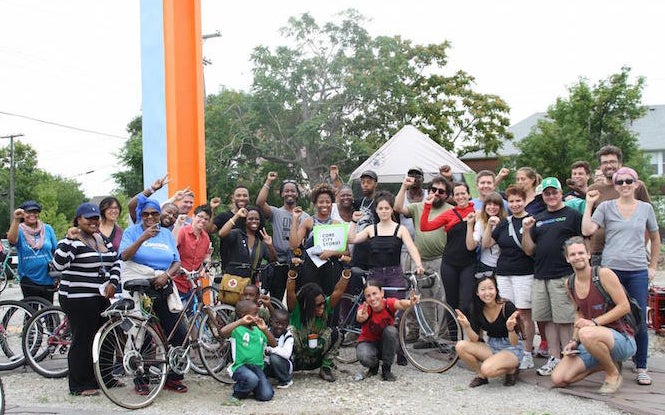 <p>People on the Core City Stories bike tour learned from Core City residents about the Detroit neighborhood and its history. </p>