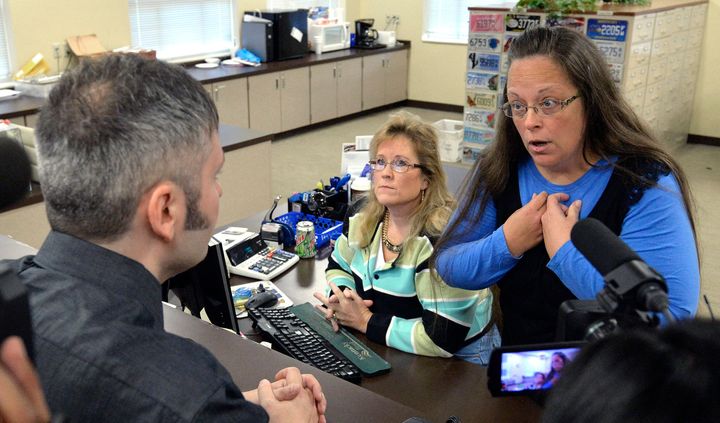 Rowan County clerk Kim Davis (right) refused to issue marriage licenses again on Sept. 1, 2015.