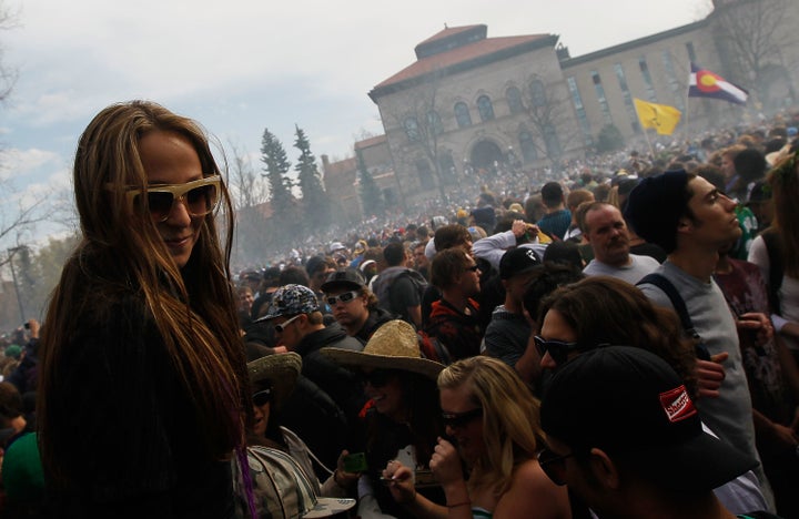 People gathered on the University of Colorado at Boulder campus for a 4/20 celebration. 