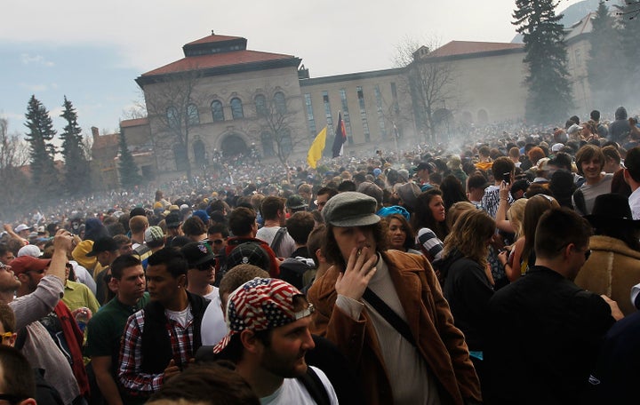 People gathered on the campus of CU Boulder for a 4/20 celebration. 