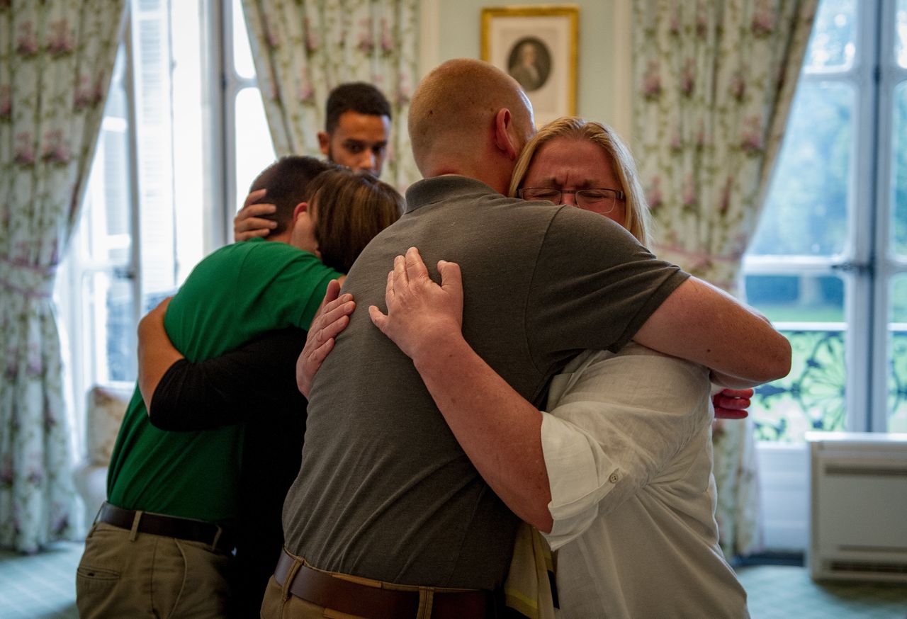 U.S. Airman 1st Class Spencer Stone hugs his mother for the first time in Paris Aug. 24, 2015, following a foiled attack on a French train. Stone was on vacation with his childhood friends, Aleksander Skarlatos and Anthony Sadler, when an armed gunman entered their train carrying an assault rifle, a handgun and a box cutter. 