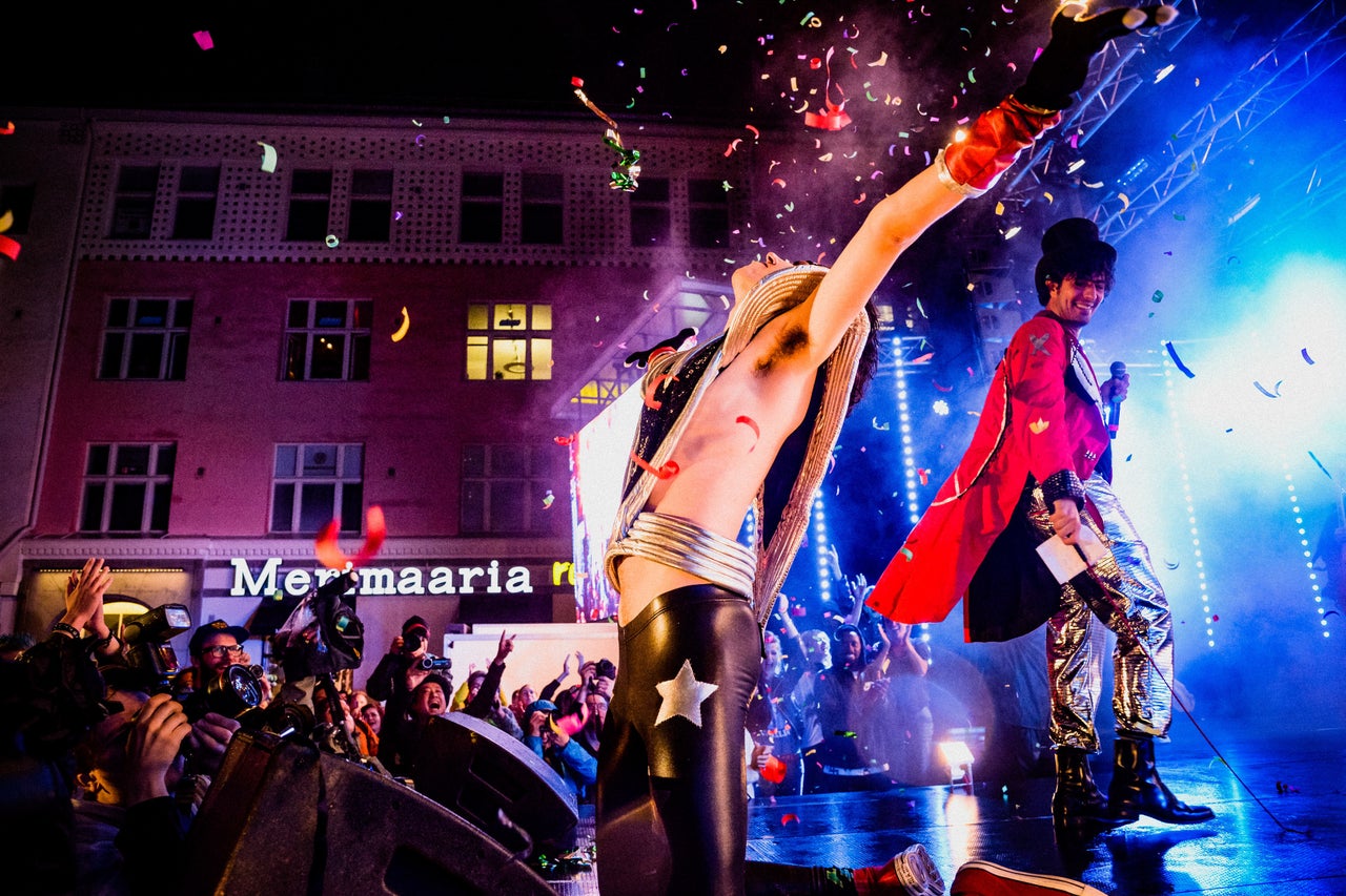 <p>Air Guitar World Champion Kereel "Your Daddy" Blumenkrants celebrates. </p>