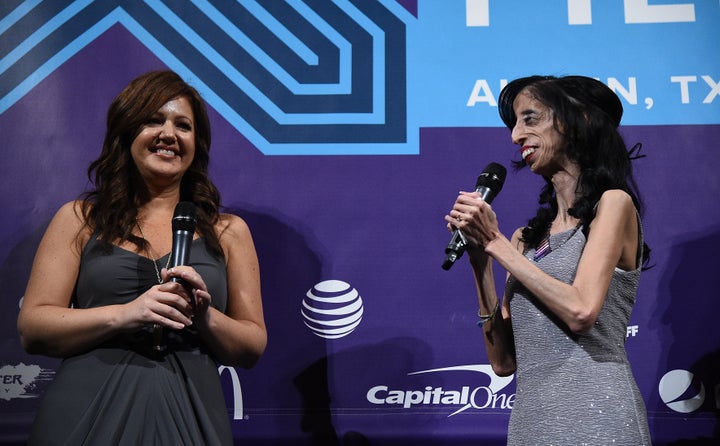 <span>AUSTIN, TX - MARCH 14: Director Sara Hirsh Bordo (L) and activist Lizzie Velasquez speaks at the premiere of 'A Brave H