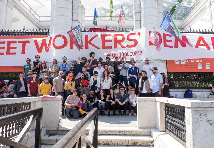 Activists protest outside the Peggy Guggenheim Museum in Venice, Italy, objecting to the conditions of workers building the new Guggenheim Museum on Saadiyat Island in Abu Dhabi.