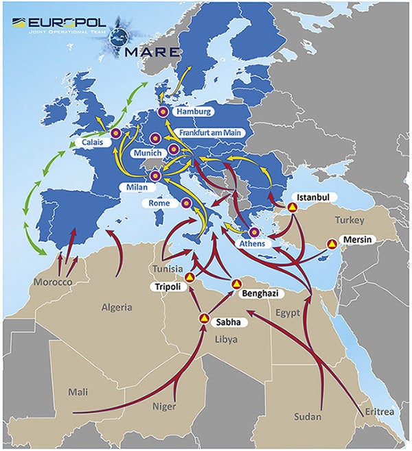 <p>Earlier this year, Europol published a map outlining migratory and human smuggling patterns from Africa and the Middle East to Europe. Germany is the primary destination.</p>