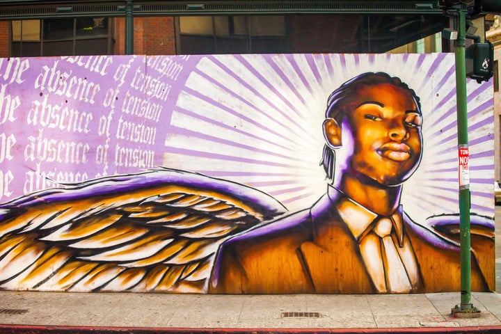 <p>An Oakland mural of Oscar Grant, who was shot and killed by a BART police officer in 2009 -- three years before the founding of Black Lives Matter.</p>