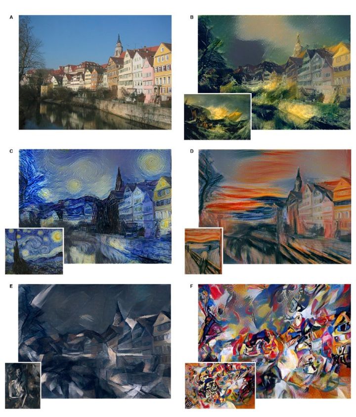 The researchers input a photo and a work of art into their model to achieve a combination of the content of the photo (a row of houses) and the aesthetic of each painting.