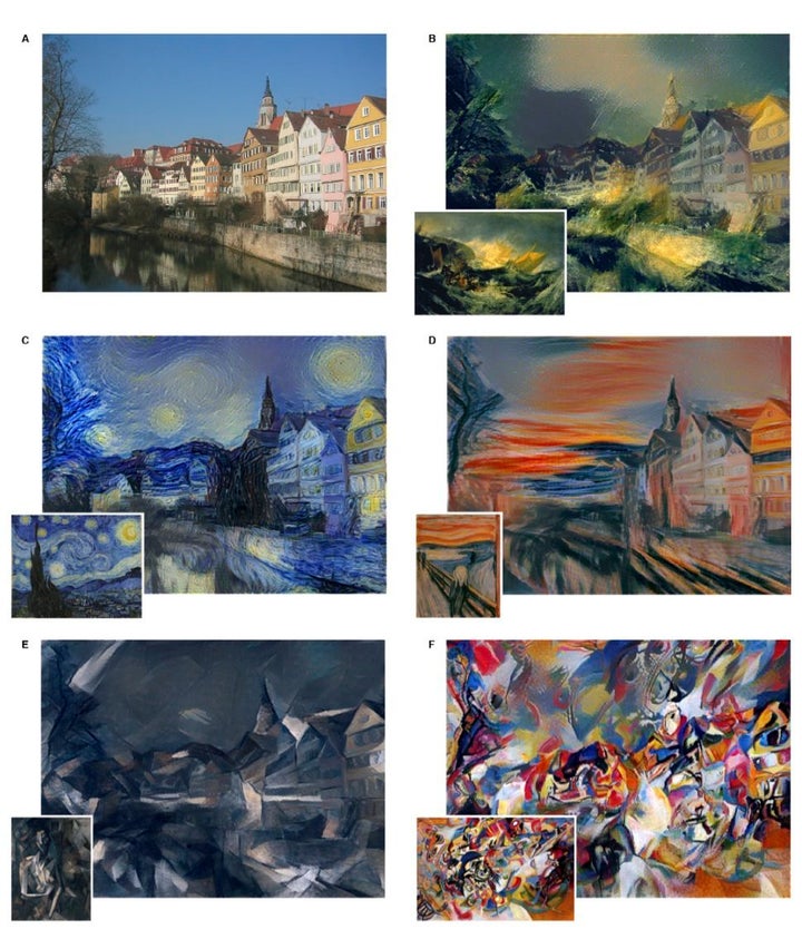 The researchers input a photo and a work of art into their model to achieve a combination of the content of the photo (a row