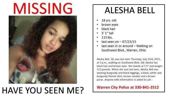 The missing person flyer for Alesha Bell.