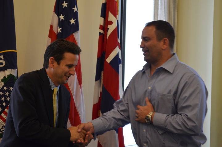 U.S. Sen. Brian Schatz (D-Hawaii), left, is pictured with Guam Sen. Brant McCreadie in 2005. McCreadie introduced the Chemical Castration for Sex Offenders Act in Guam.