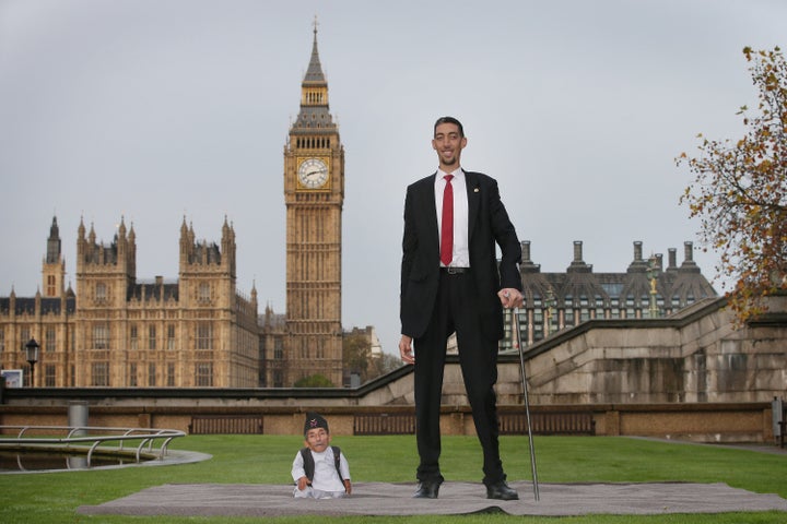 Chandra Bahadur Dangi met the world's tallest man, Sultan Kosen, in London in November 2014.