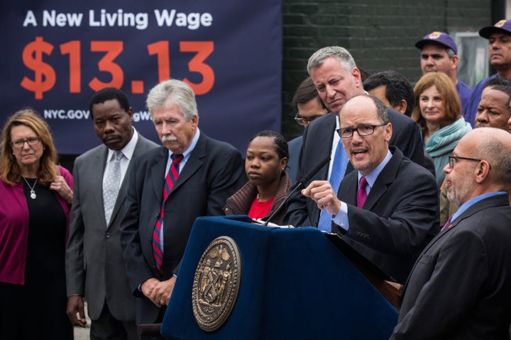 Tom Perez speaks at a September 2014 press conference in New York City announcing Mayor Bill de Blasio's signing of an executive order raising the living wage.