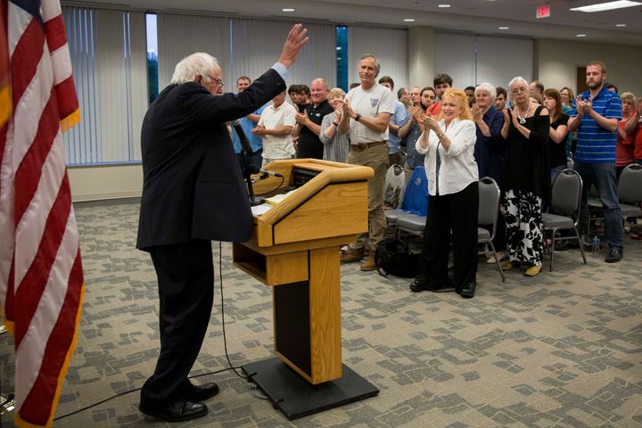 Sanders acknowledges supporters after speaking at a town hall meeting at the International Brotherhood of Electrical Workers Local Union 26 office May 5, 2015 in Lanham, Maryland. (Drew Angerer via Getty Images