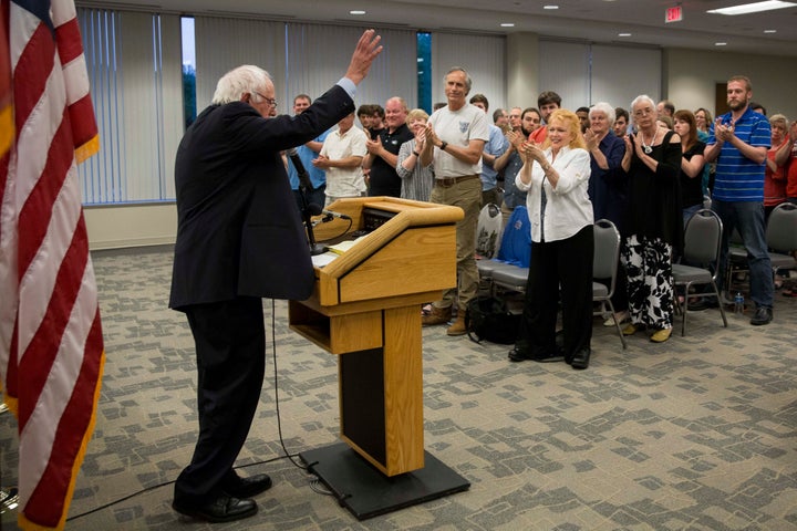 Sanders acknowledges supporters after speaking at a town hall meeting at the International Brotherhood of Electrical Workers Local Union 26 office May 5, 2015 in Lanham, Maryland. (Drew Angerer via Getty Images