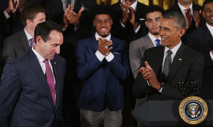 President Obama hosted the Duke men's basketball team and Coach Mike Krzyzewski, left, at the White House, Sept. 8.
