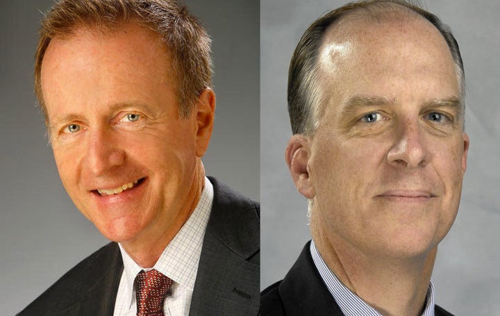 Austin Beutner (left) is being replaced by Timothy Ryan as publisher of the Los Angeles Times.