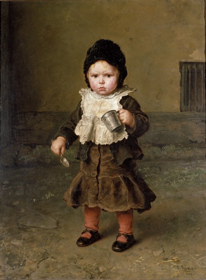 <a href="https://commons.wikimedia.org/wiki/File:Ludwig_Knaus_-_Mein_Napf_ist_leer_(1886).jpg">Ludwig Knaus, "Mein Napf ist l