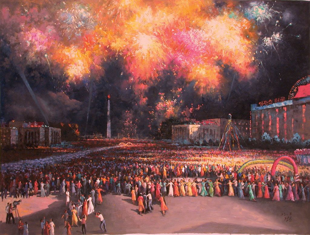 "Dance Party In Open Air," 2006, Han Guang Hun. Asked whether this scene is based on reality, Mansudae's webmaster answered sort of in the affirmative.