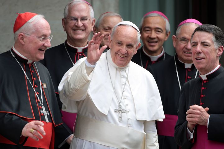 <p>Pope Francis (C), flanked by Cardinal Marc Ouellet, Rector of the Pontifical North American College James F. Checchio, Archbishop of Los Angeles Jose Gomez and President of the United States Conference of Catholic Bishops Joseph Edward Kurtz, leaves the Pontifical North American College in Vatican City. </p>