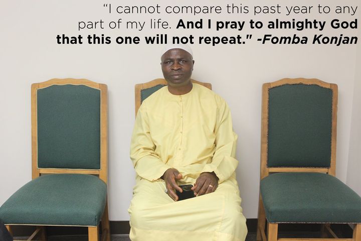 Fomba Konjan sits at the mosque in the basement of the Brooklyn Peace Center, in Brooklyn Center, Minnesota on June 22, 2015.