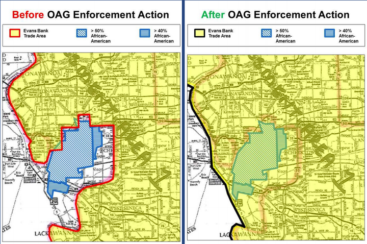 These maps provided by the New York Attorney General’s Office shows Evans Bank’s service area before and after th