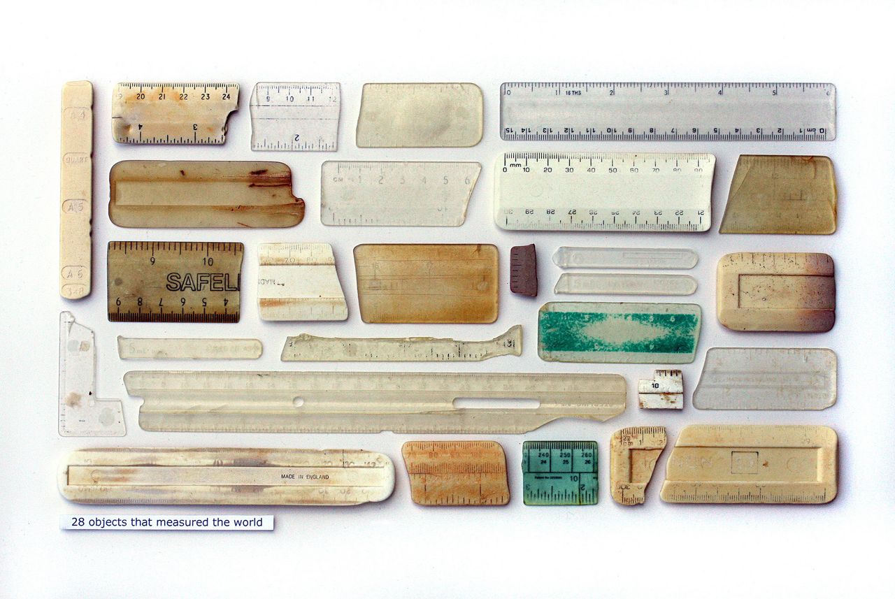"28 Objects That Measured The World," Plastic objects, entomology pins, and text on card