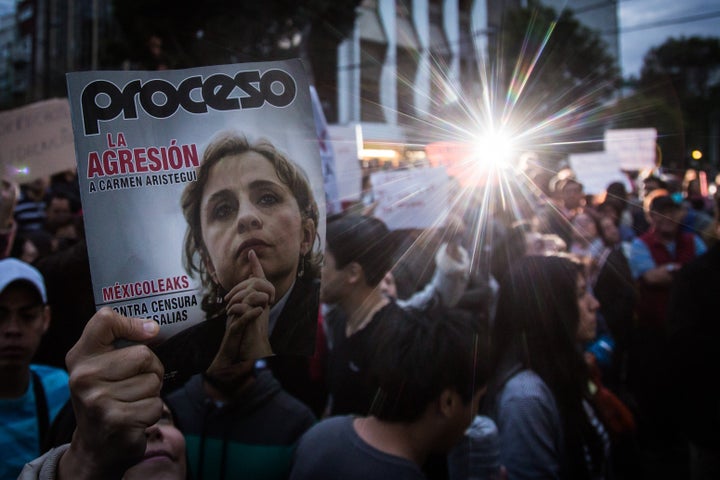 The dismissal of Carmen Aristegui by MVS News sparked protests in Mexico City in March.