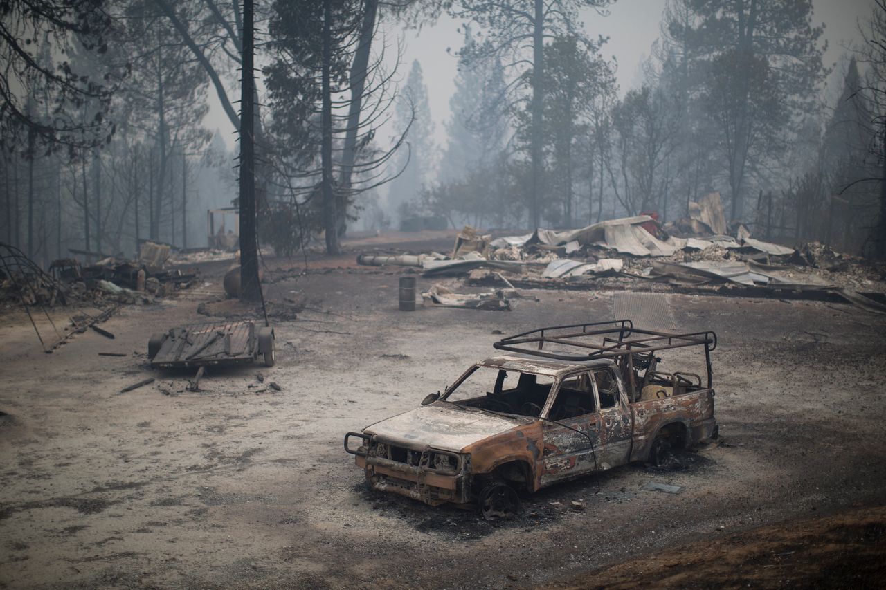 A burned truck and structures near San Andreas, California, Sept. 13, 2015. 
