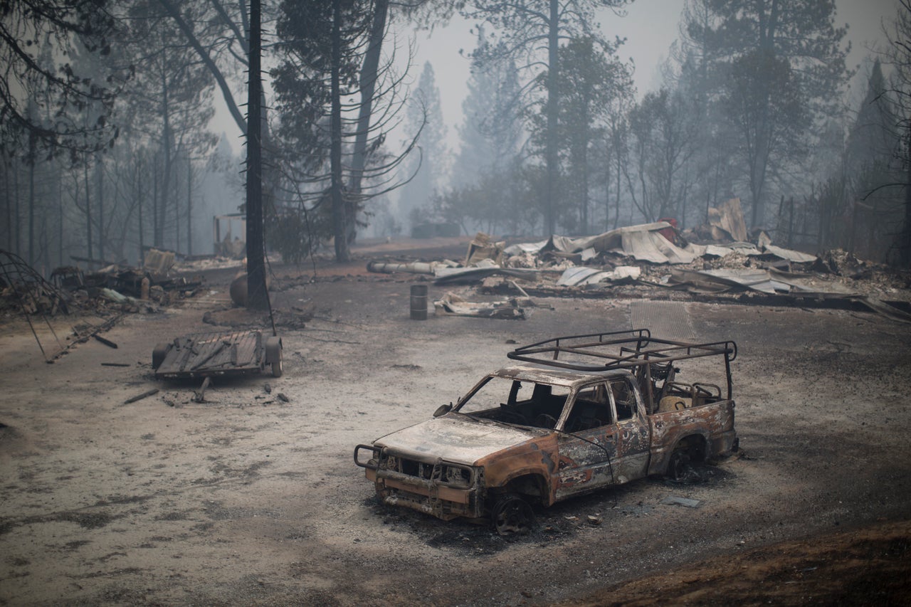 A burned truck and structures near San Andreas, California, Sept. 13, 2015. 