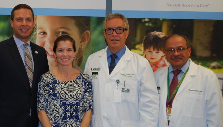 Pictured from left to right: DRI Foundation President and CEO Joshua Rednik, transplant patient Wendy Peacock, and Drs. Camillo Ricordi and Rodolfo Alejandro.