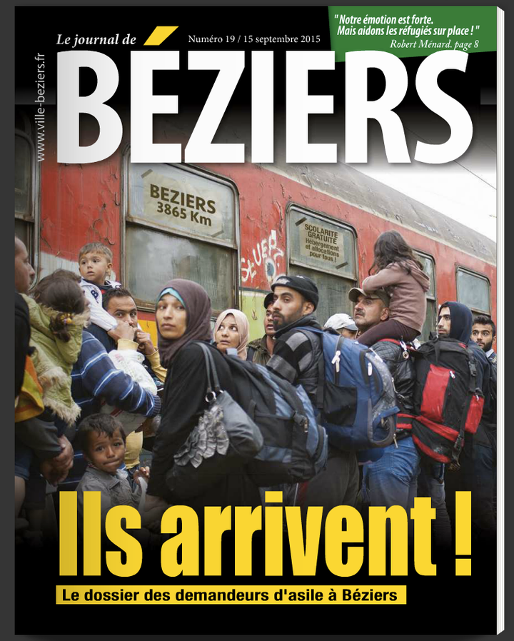 The city's municipal newsletter took a photo of traveling refugees and photoshopped a Beziers sign in. The headline reads, "they're coming!"