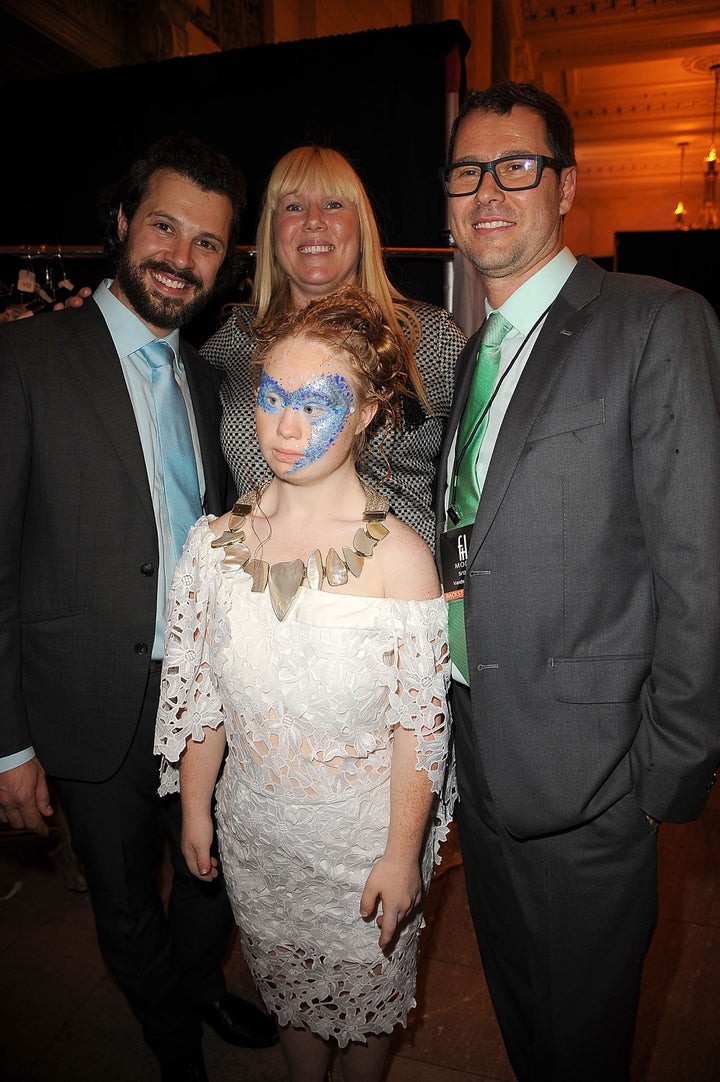 Hendrik Vermeulen, Rosanne Stuart, Madeline Stuart (front center) and Jean-Daniel Meyer-Vermeulen backstage during Spring 2016 New York Fashion Week at Vanderbilt Hall at Grand Central Terminal on September 13, 2015 in New York City.