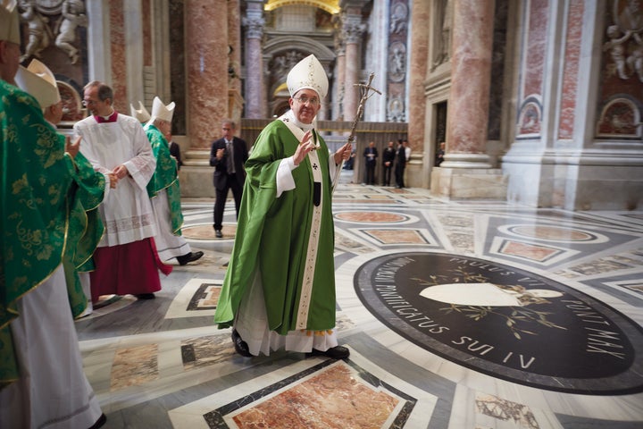 The Holy Father in his liturgical vestments celebrates Mass o Vatican grounds.