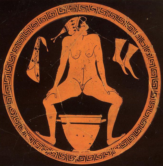 Hetaera urinating into a skyphos. Tondo of a red-figure kylix in the kind of the Foundry Painter, ca. 480 BC.