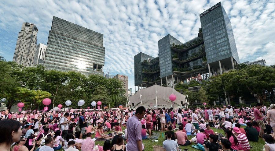 People gather at Hong Lim Park in Singapore on June 28, 2014 for "Pink Dot," an annual LGBT event. Homosexuality is criminalized in Singapore, as it is in three other countries in Southeast Asia.