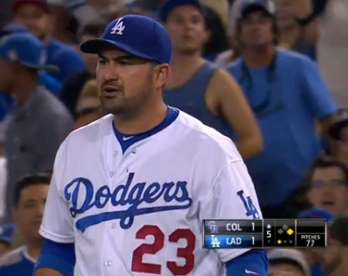 Dodgers first baseman Adrian Gonzalez was none too pleased as a spectator interfered with a routine out on Monday night.