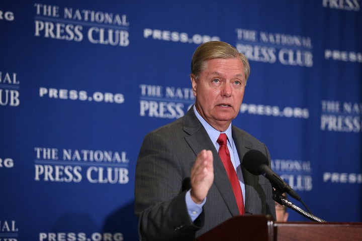 Senator Lindsey Graham (R-S.C.) threatens to cut IAEA funding over access to confidential side agreements during a speech at a National Press Club Luncheon in Washington, D.C., U.S., on Tuesday, Sept. 8, 2015.