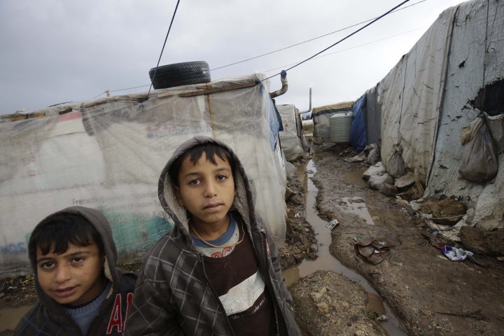 Refugees in Lebanon are struggling to live in dire conditions, such as the storm-damaged camp seen here.