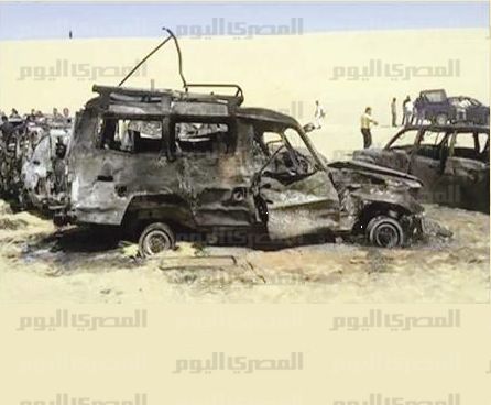 Egyptian newspaper Al-Masry Al-Youm published the first photo of the tourist convoy that was hit by an airstrike in Egypt's White Desert.