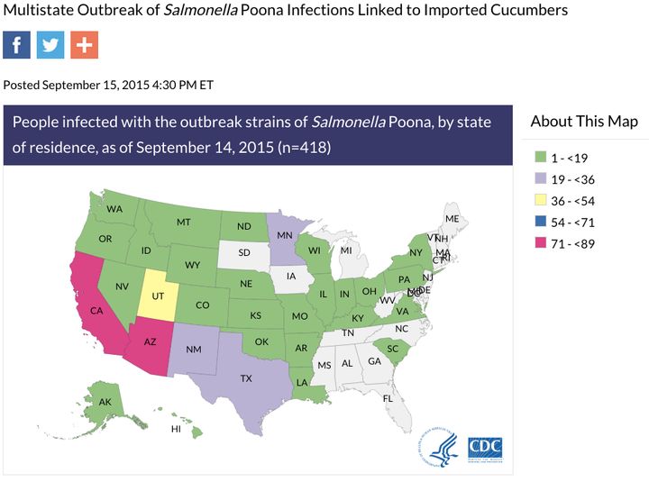 A map of salmonella cases by state as of Sept. 15, 2015. 