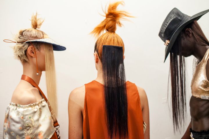 Models pose backstage before the Gypsy Sport fashion show during Spring 2016 MADE Fashion Week at Milk Studios on September 15, 2015 in New York City.