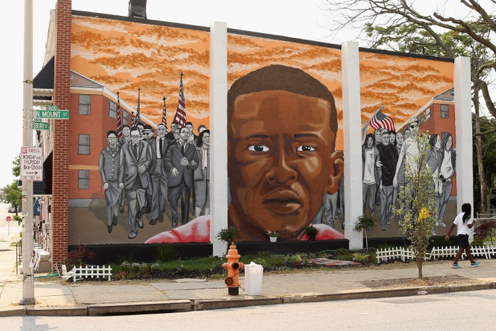 A mural of Freddie Gray went up near where he was tackled and arrested in April.