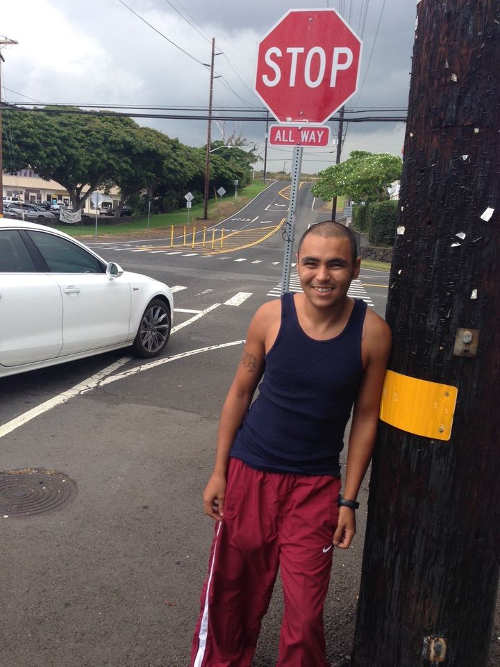 Justin Guy stands at the intersection in Kailua-Kona where he was cited for panhandling in June 2014. 