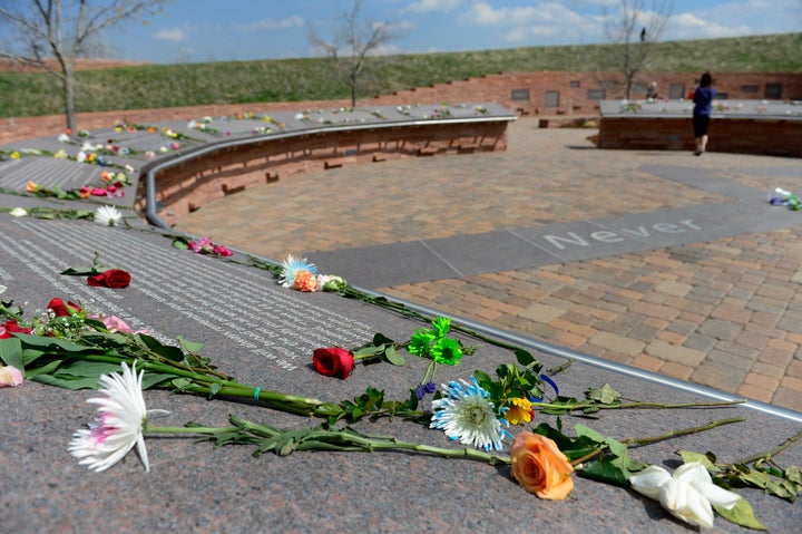 Flowers at the Columbine Memorial on the 16th anniversary of the deadly shooting at Columbine High School in Colorado, which left 12 students and one teacher dead. 