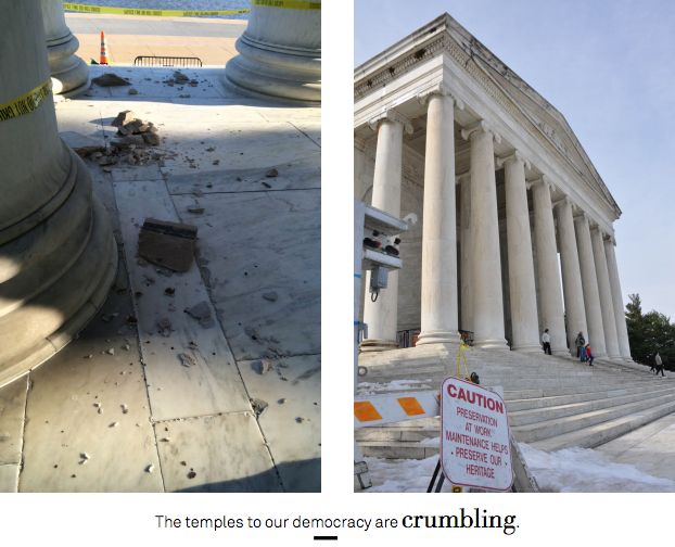 On the left, the remains of a shattered limestone block are seen on the floor of the Jefferson Memorial, shortly after it fell in April 2014. The National Park Service later set up barriers around sections of the portico that were vulnerable to similar sorts of damage.