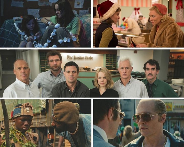 Clockwise from top left: "Room," "Carol," "Spotlight," "Black Mass" and "Beasts of No Nation."