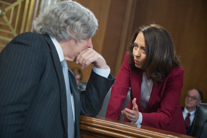 Sen. Maria Cantwell (D-Wash.), right, is the author of climate change legislation introduced Tuesday. 