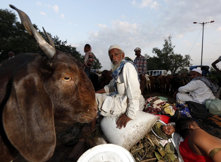 Goats displayed for sale at a market outside the Jama Masjid mosque ahead of the Eid Al-Adha festival on September 22, 2015 in New Delhi, India.