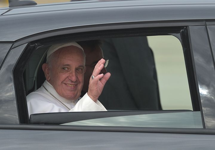 Pope Francis departs in a Fiat after arrival at Andrews Air Force Base in Maryland on September 22, 2015.