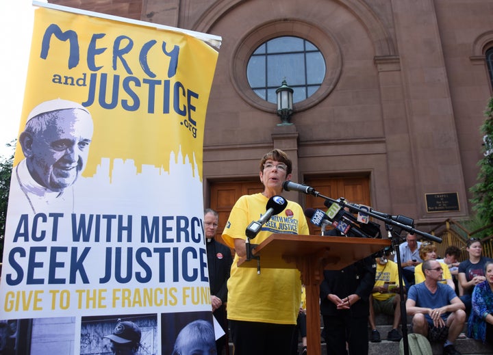 Sister Mary Scullion speaks during an event for the Mercy and Justice initiative in Philadelphia.